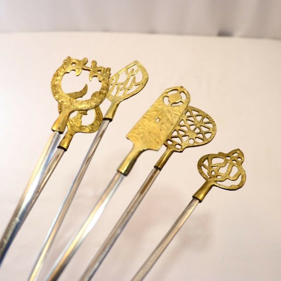 SOLD-6 Vintage 1960's Turkish Stainless Steel & Brass Shish Kebab Skewers, - Picture 3 of 11
